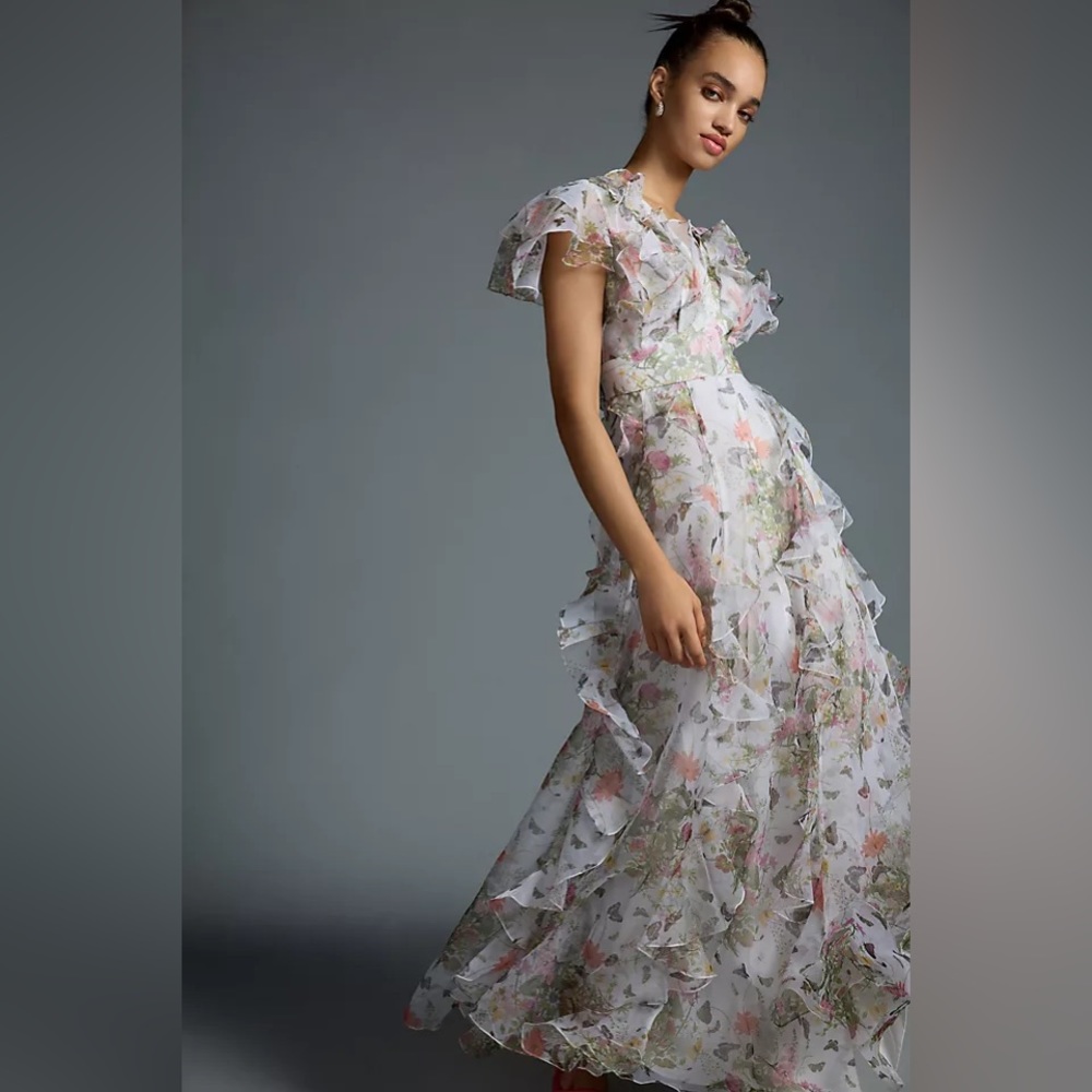 Flowy garden floral organza gown with ruffles and butterflies